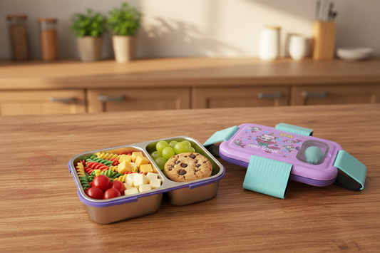 Bento lunch box on wooden table with colorful food