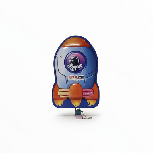 Blue and red Space Travel Rocket Piggy Bank with lock and key