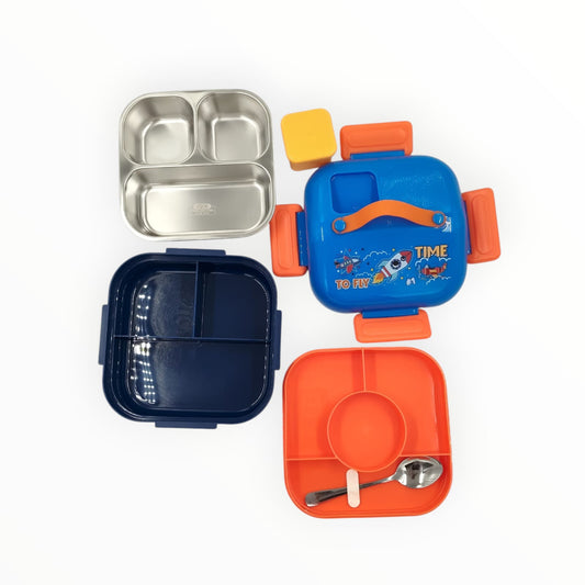 IQIX ‘To Fly Time’ Kids Lunch Box – 304 Stainless Steel 3-Compartment Tiffin with Spoon