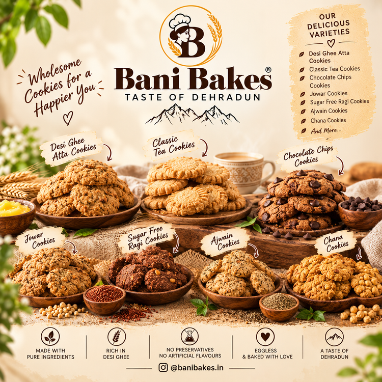 Bani Bakes assorted cookies – Desi Ghee Atta, Classic Tea, Chocolate Chip, Jowar, Ragi, Ajwain and Chana Cookies.