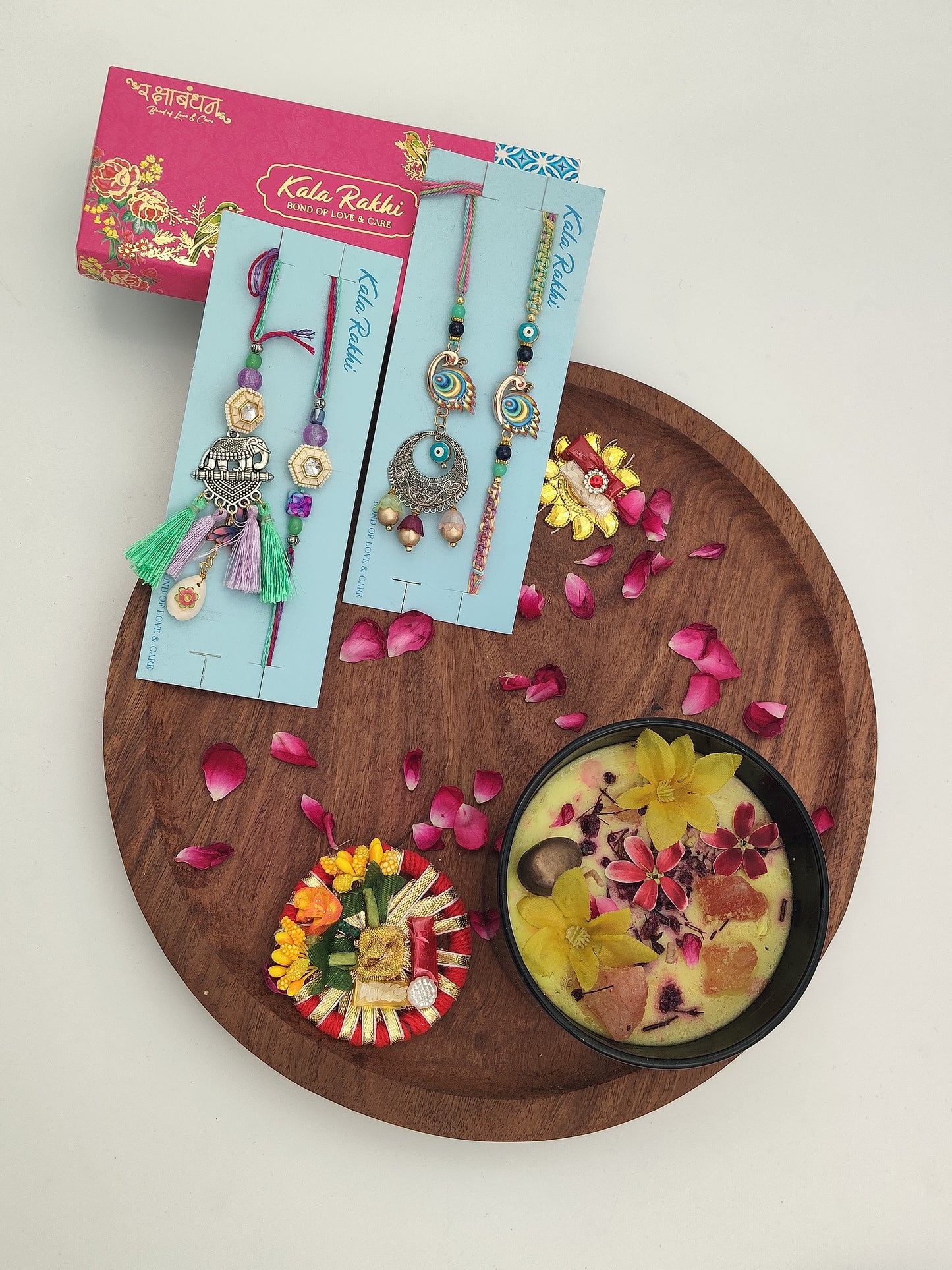 Kala Rakhi Bhaiya-Bhabhi Designer Rakhi Set | Boho Tassel & Evil Eye Peacock Lumba