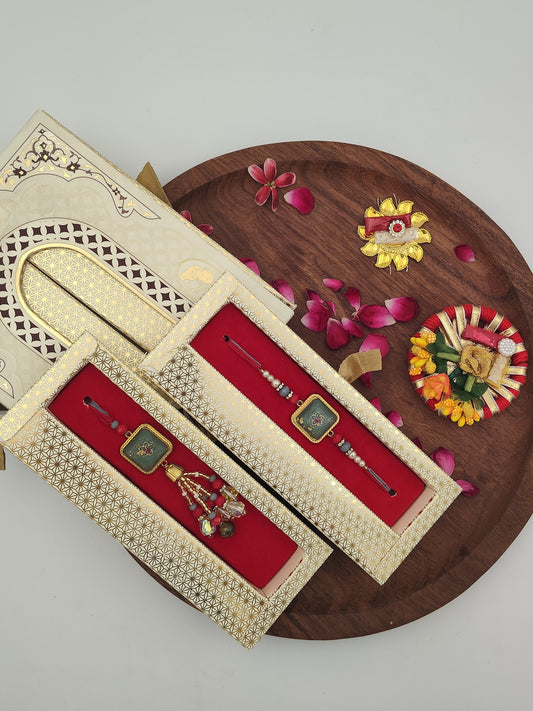 Royal Square Meenakari Bhaiya-Bhabhi Rakhi Set | Luxury Gift Box