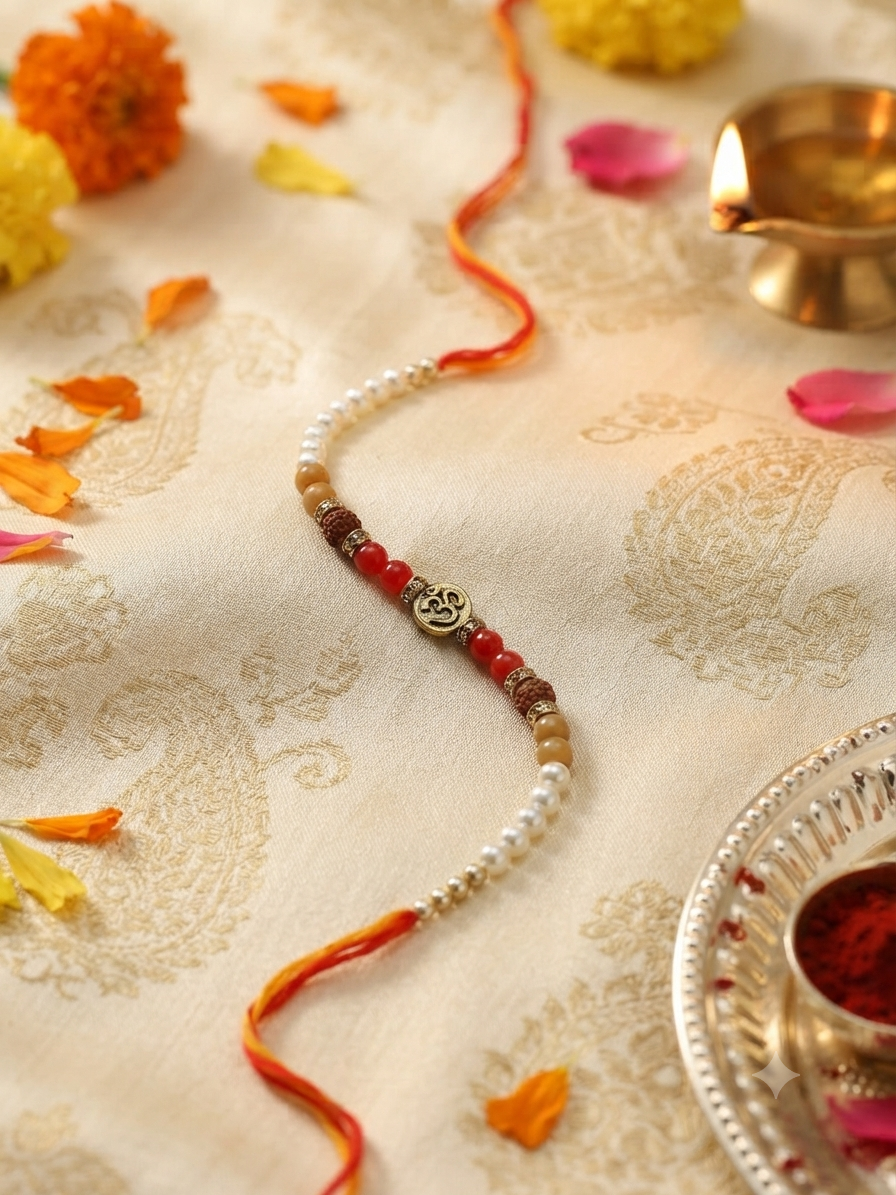 Rudraksha & Coral Bead Rakhi with Gold Coin Charm | Orange Tassel