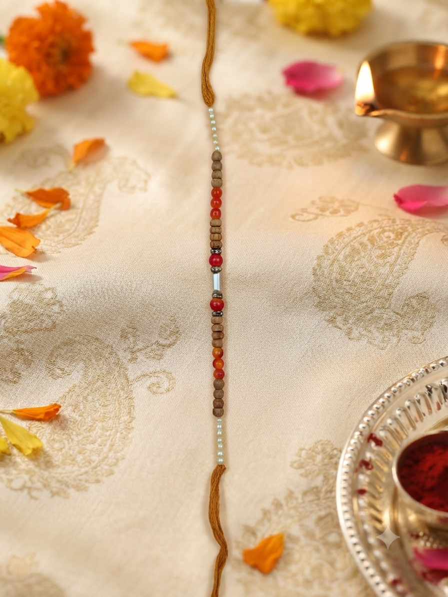 Rudraksha & Coral Bead Rakhi with Gold Coin Charm | Orange Tassel