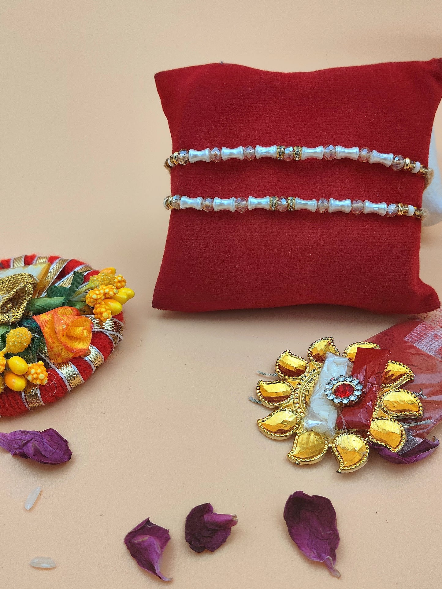 Lustrous Pearl & Crystal Duo Rakhi set of 2