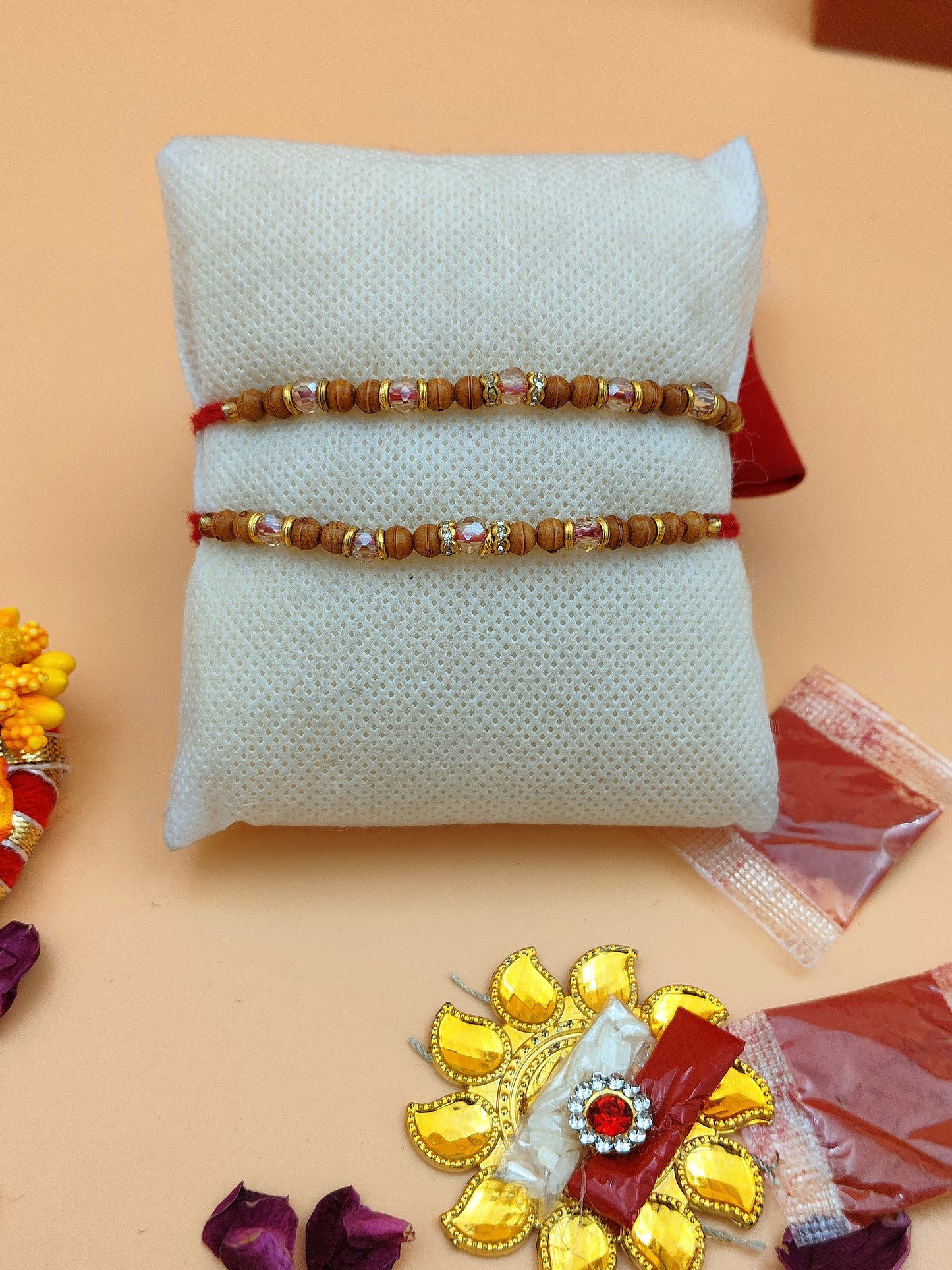Sandalwood & Swarovski-Style Crystal Duo Rakhi set of 2