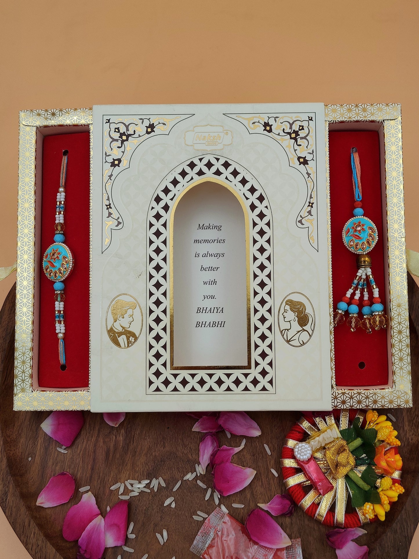 Royal Square Meenakari Bhaiya-Bhabhi Rakhi Set | Luxury Gift Box