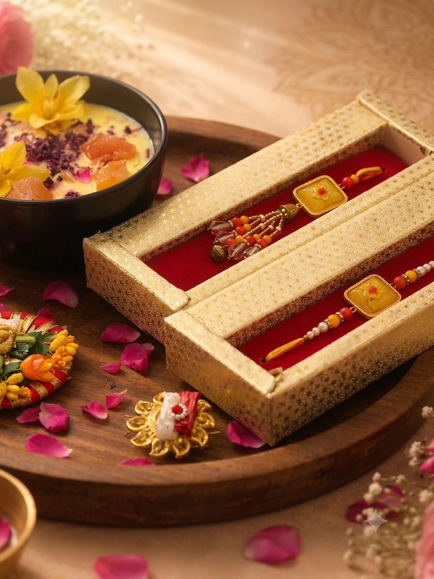 Royal Square Meenakari Bhaiya-Bhabhi Rakhi Set | Luxury Gift Box