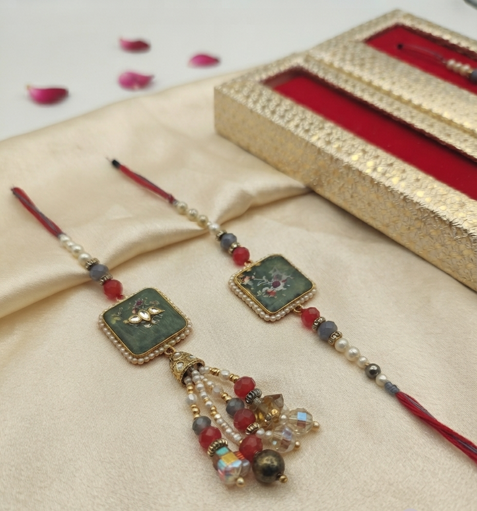 Royal Square Meenakari Bhaiya-Bhabhi Rakhi Set | Luxury Gift Box