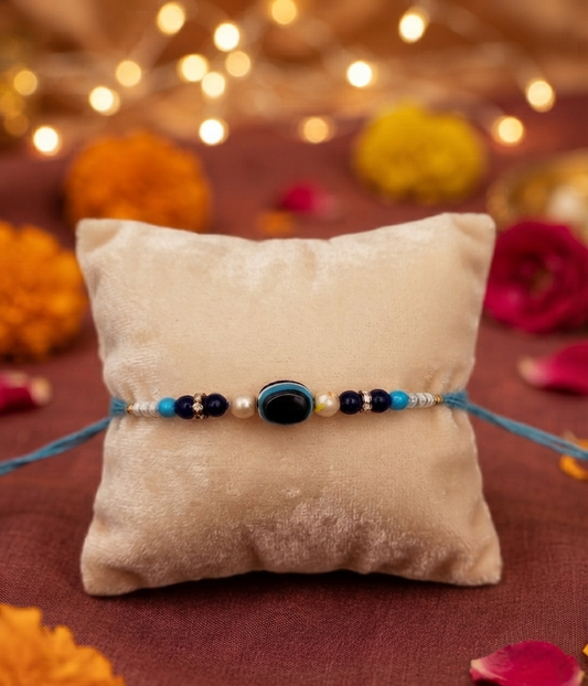 Evil Eye Blue Tassel Rakhi  | Beaded Charm Rakhi