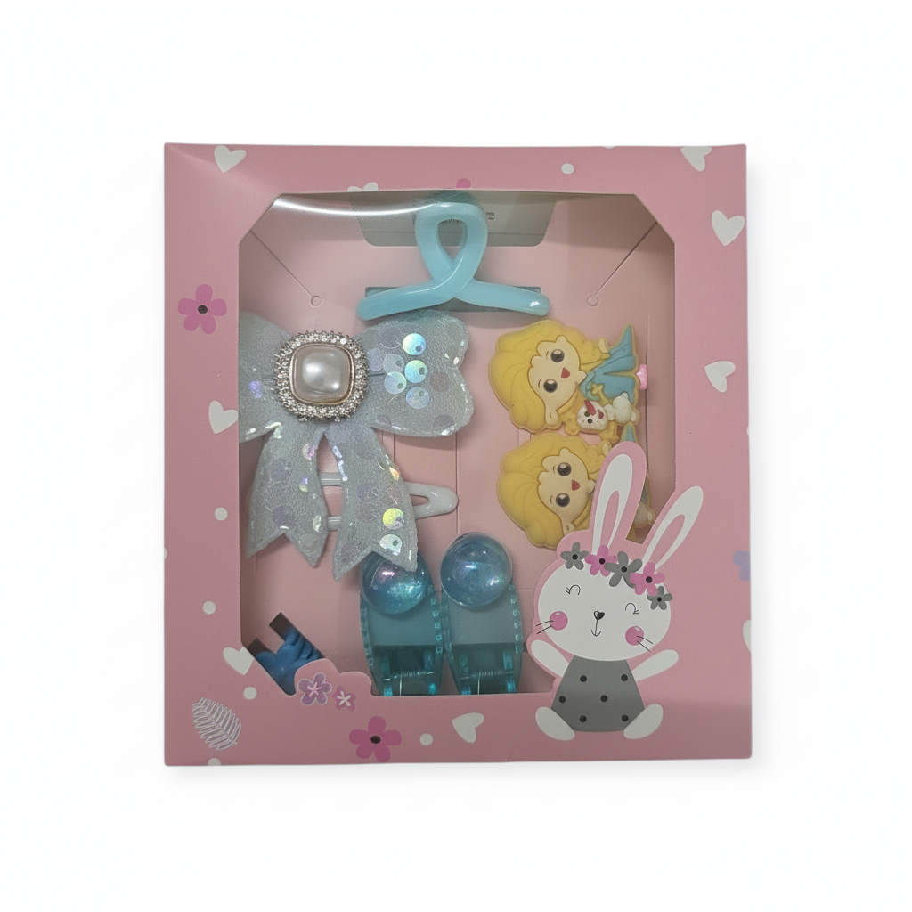 Children's hair accessories set in a decorative box with pink background and cartoon characters.