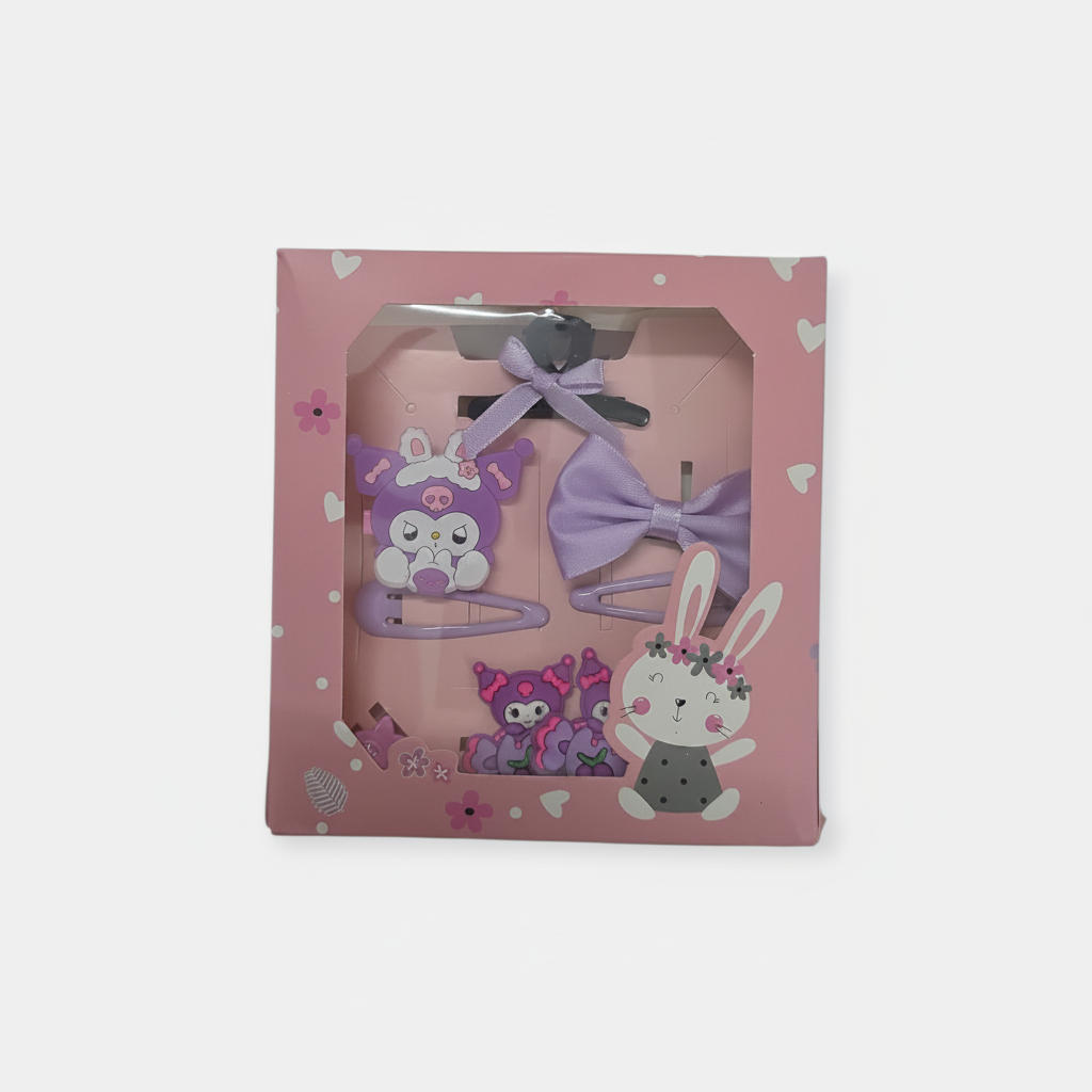 Set of hair accessories in a pink box with cartoon characters on a white background