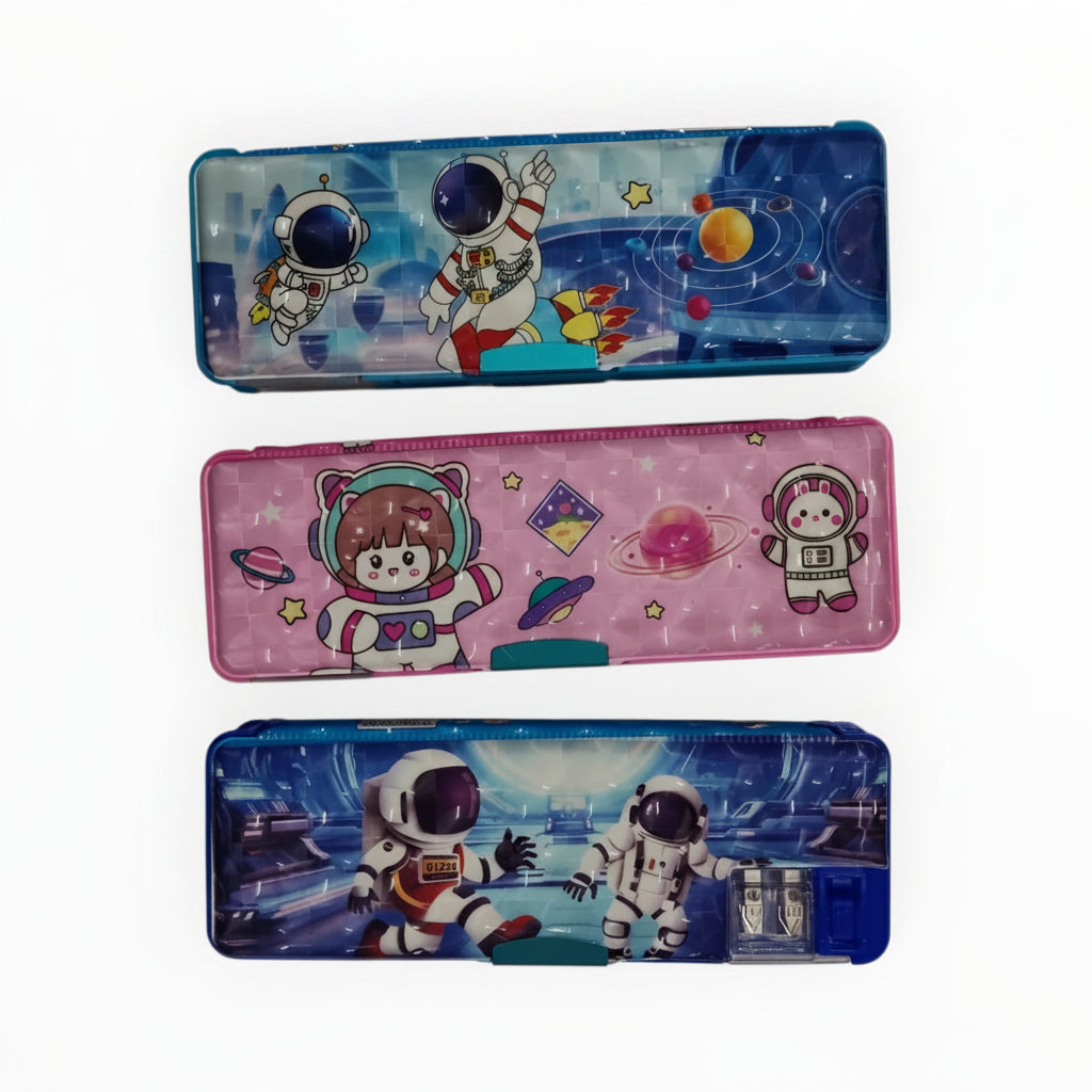  Pencil cases with space-themed designs on a white background
