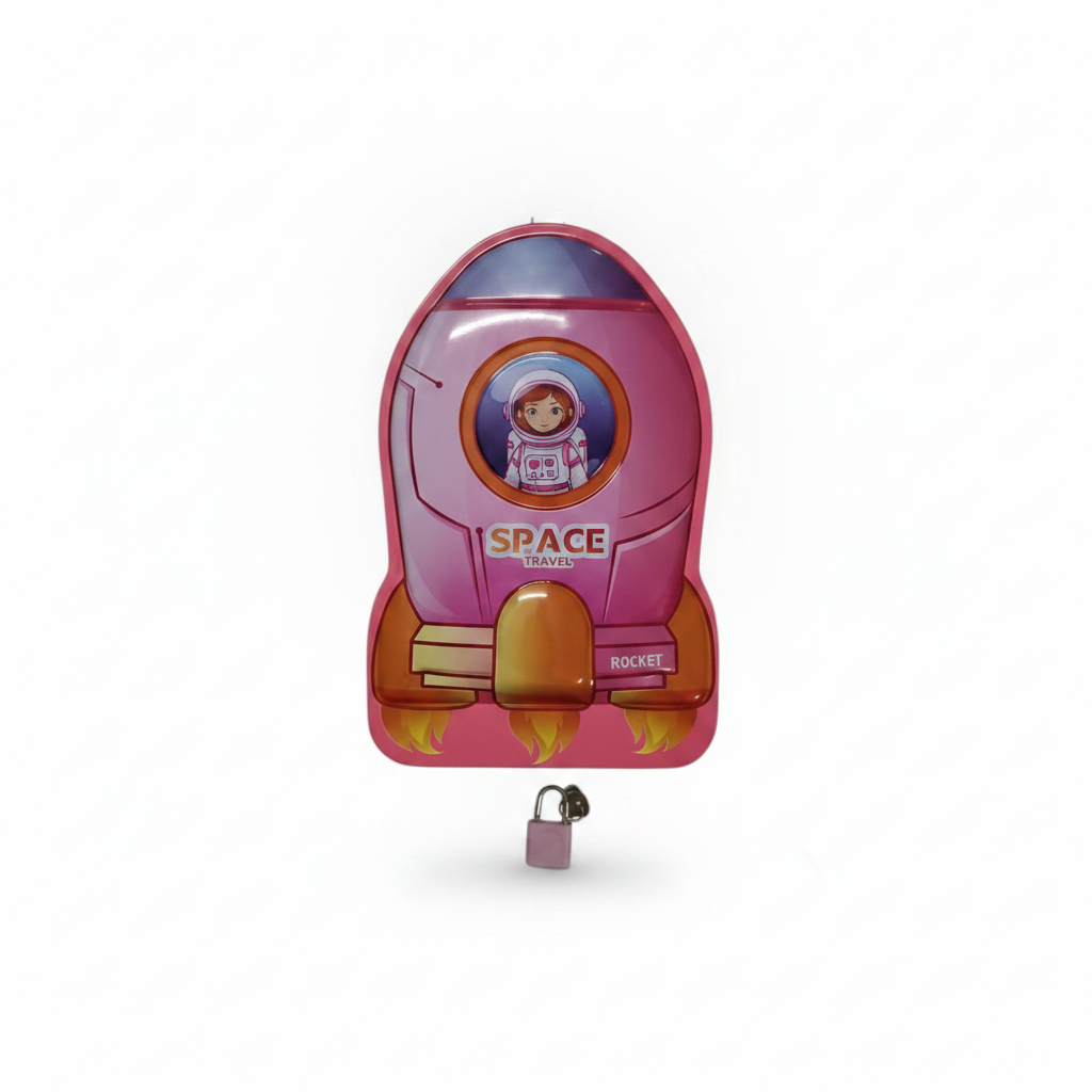 Pink Space Travel Rocket Piggy Bank with lock and key