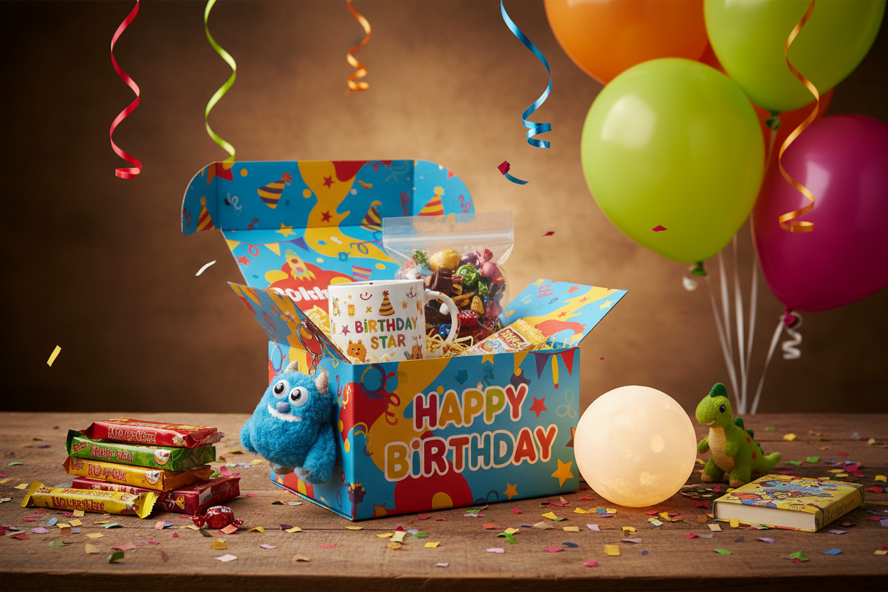 Premium kids birthday gift box with birthday mug, chocolates, keychain and glowing moon ball on a wooden table with confetti and balloons
