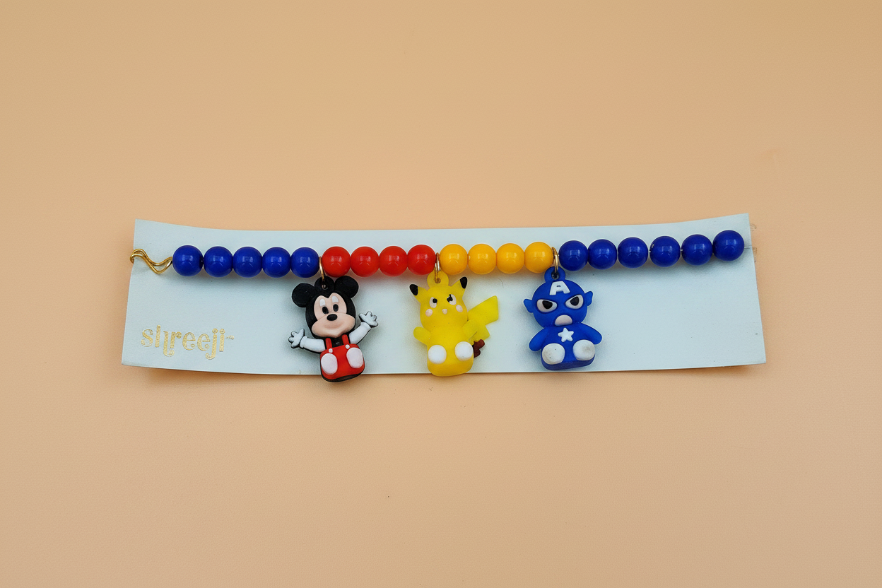 Shreeti Kids Rakhi Bracelet - Mickey, Pikachu & Captain America charms with colourful beads