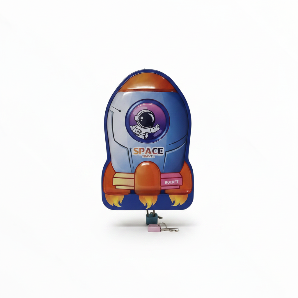 Blue and red Space Travel Rocket Piggy Bank with lock and key
