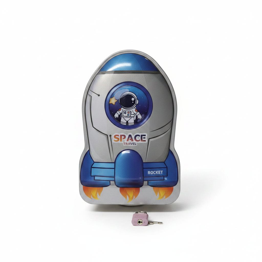 Silver grey Space Travel Rocket Piggy Bank with lock and key