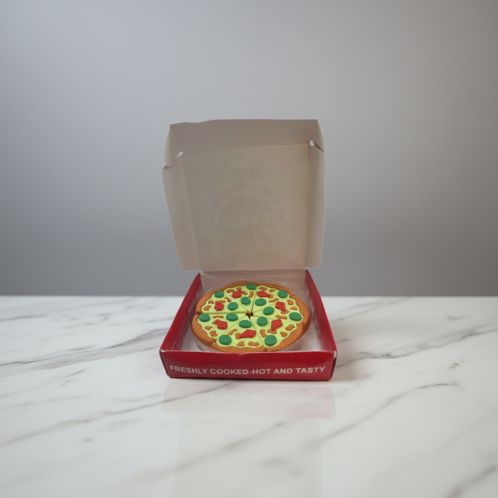 Pizza Eraser inside open box - studio unboxing photography