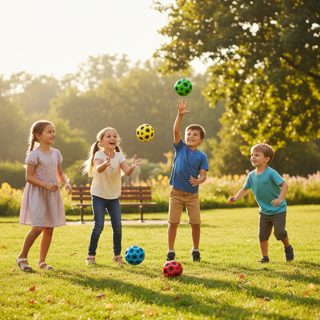 Kids playing with moon balls outdoors
